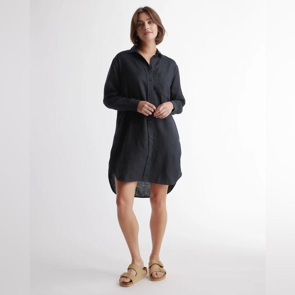 Quince 100% Linen Black Mini Shirt Dress